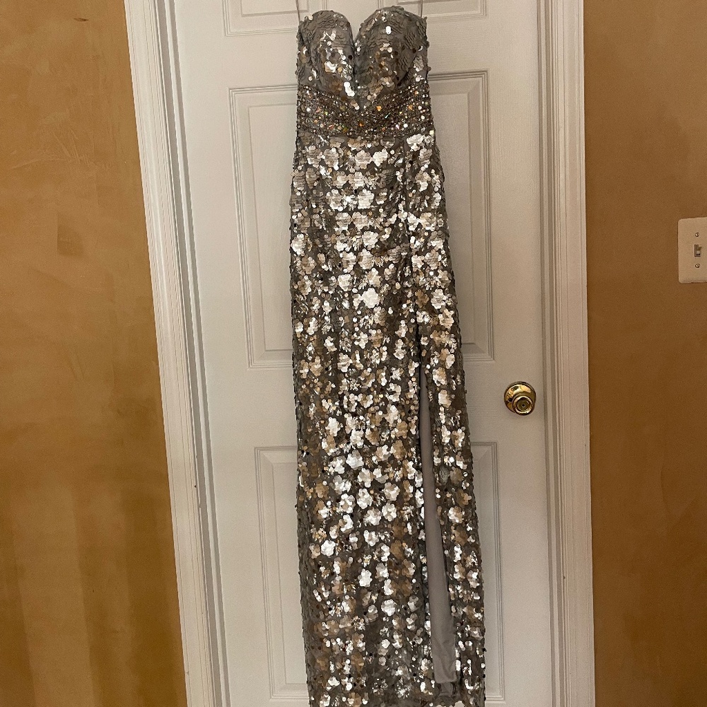 Size 2 - Night Moves Silver Sequin and Stone Gown with Front Slit